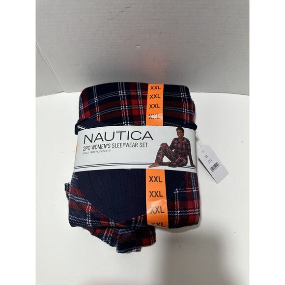 Nautica Silky Fleece Pajama Sleepwear Set Women's 2XL Plaid Red & Blue 2 Piece - Picture 1 of 6